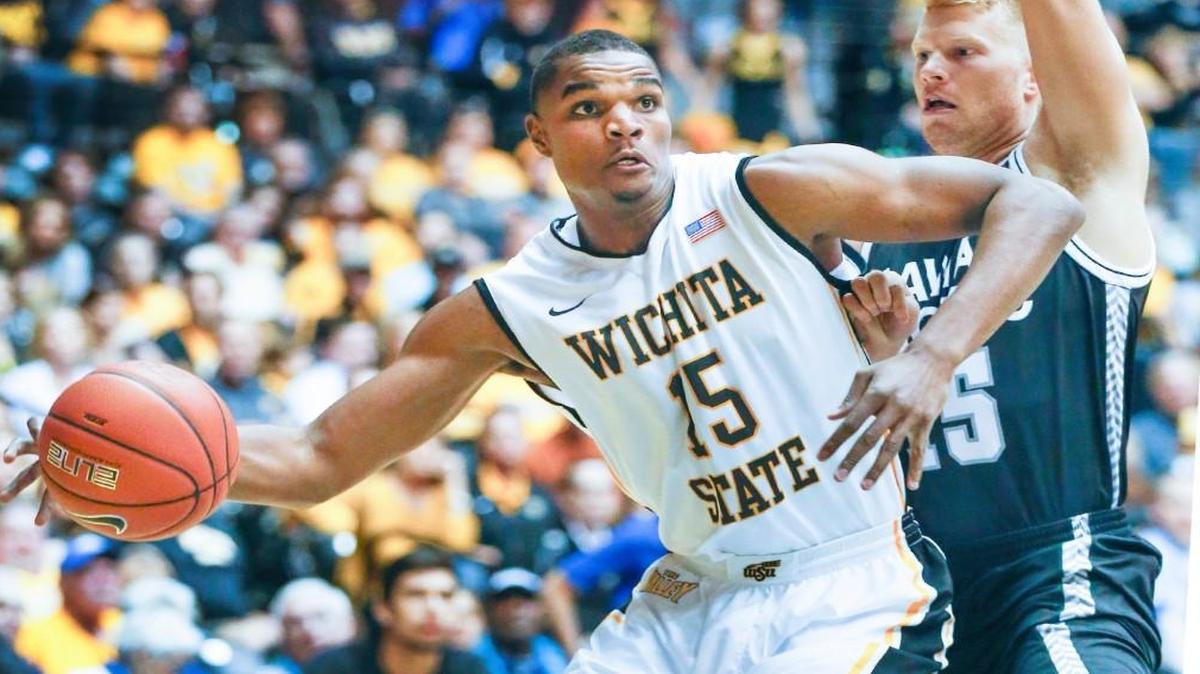 Wichita State's Anton Grady (15) took some shots during the team’s shootaround Saturday afternoon in St. Louis.