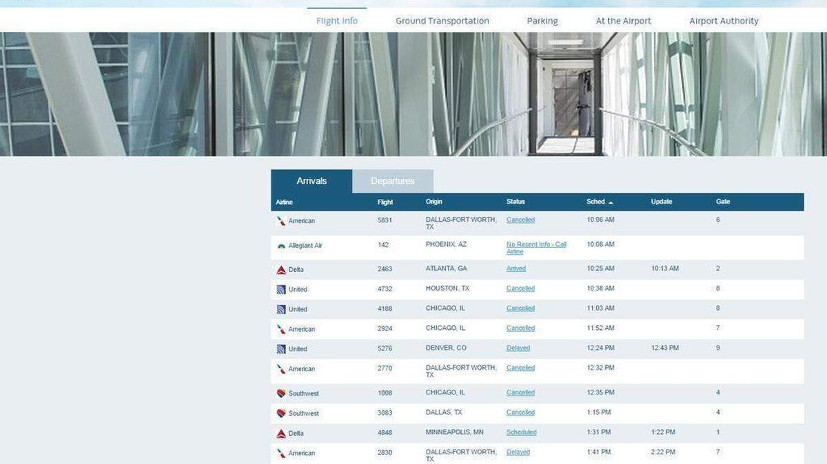 Screenshot of arriving flights to Eisenhower airport on Monday.