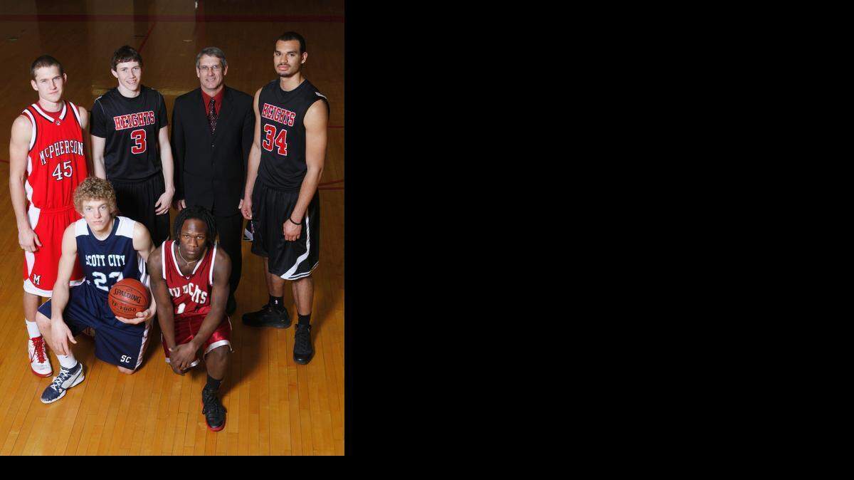 
The Eagle’s 2011 All-State boys basketball team included, front row from left, Ron Baker and Tra’Vaughn White and, back row from left, Christian Ulsaker, Evan Wessel, Lewis Wiebe and Perry Ellis. 
