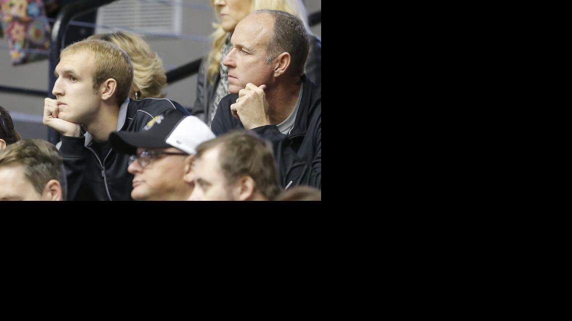 
Connor Frankamp, who recently left the Kansas basketball team, watches Wichita State’s opening exhibition game with his father Marty on Saturday at Koch Arena.
