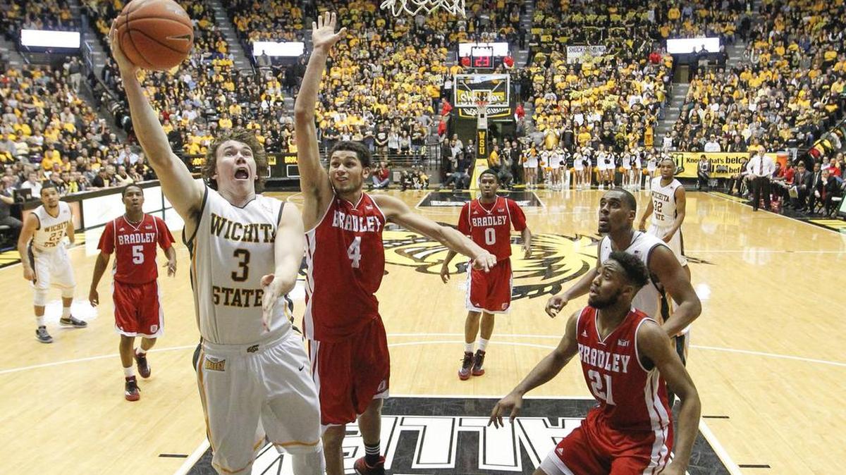 Wichita State Shockers guard Evan Wessel makes a layup against Bradley at Koch Arena. (Jan. 7, 2015)