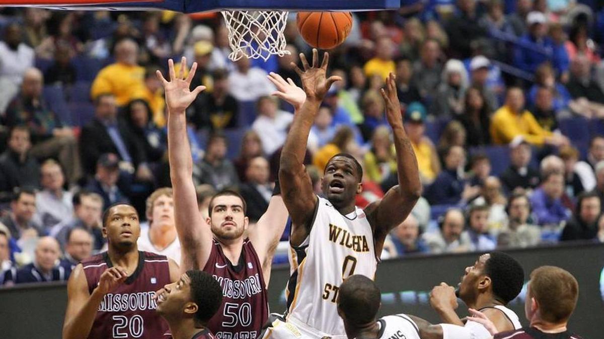 Wichita State’s Chadrack Lufile shoots against Missouri State during a 2014 Missouri Valley Conference Tournament game in St. Louis.