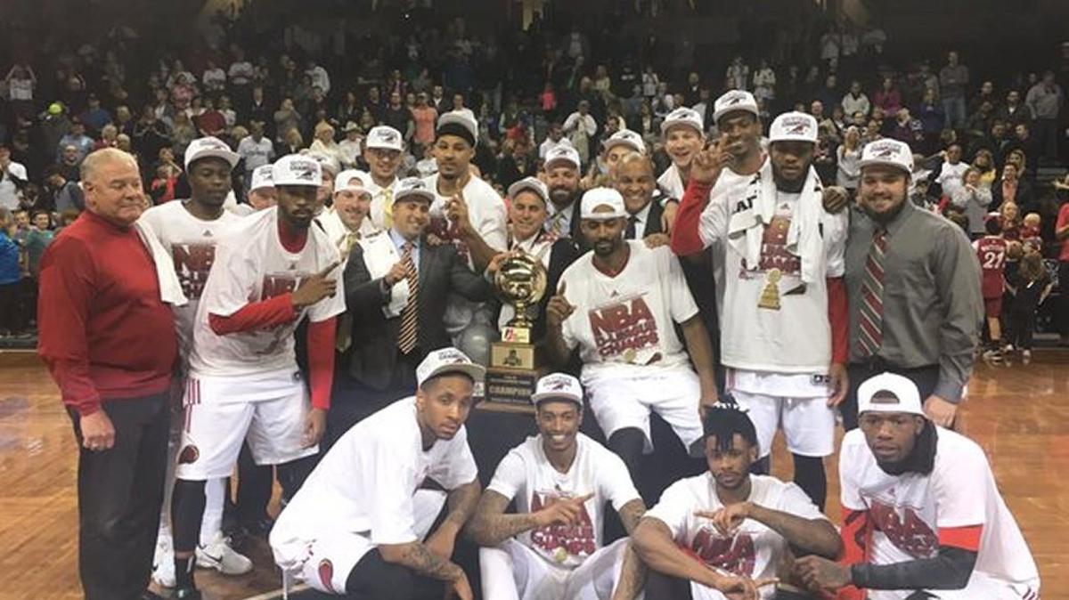 The Sioux Falls Skyforce celebrate Wednesday’s win in the NBA Development League championship series.
