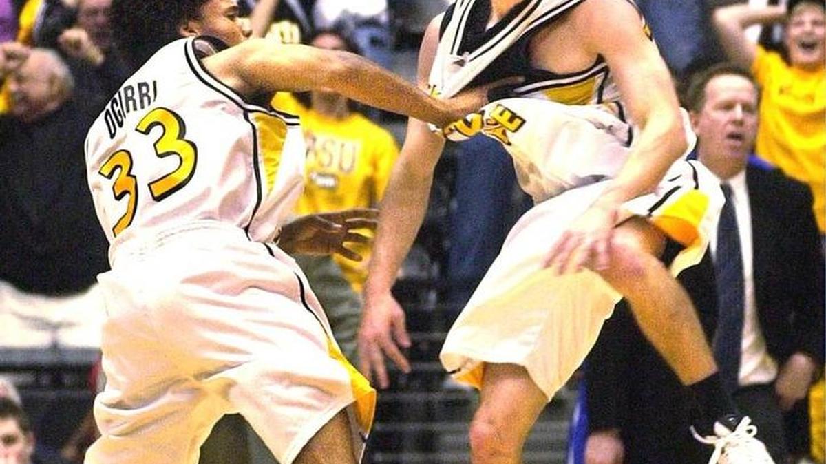 Wichita State’s Matt Braeuer celebrates a game-winning three-pointer against Creighton during the 2006 season.