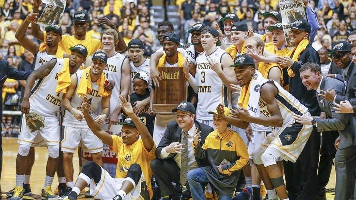 Wichita State celebrates Saturday with the MVC trophy.