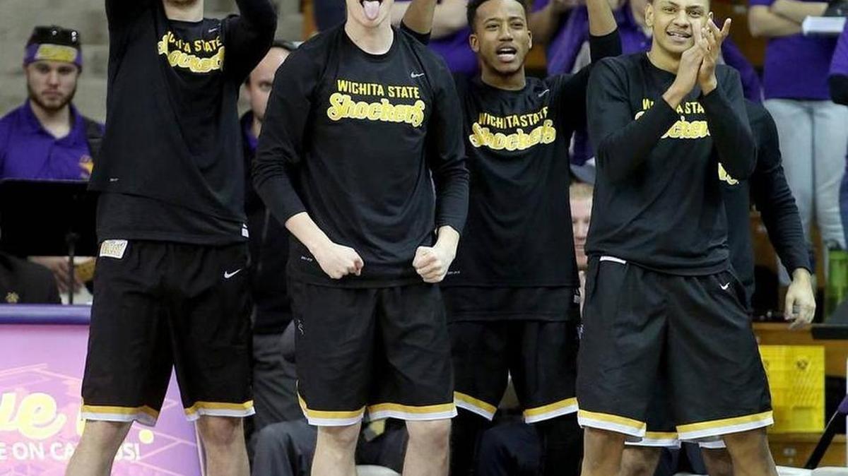Wichita State reserves celebrate a basket during Sunday’s win at Northern Iowa.