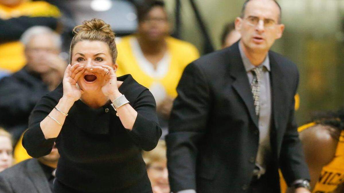 
Wichita State coach Jody Adams yells instructions to her team during the game against Drake this season at Koch Arena.
