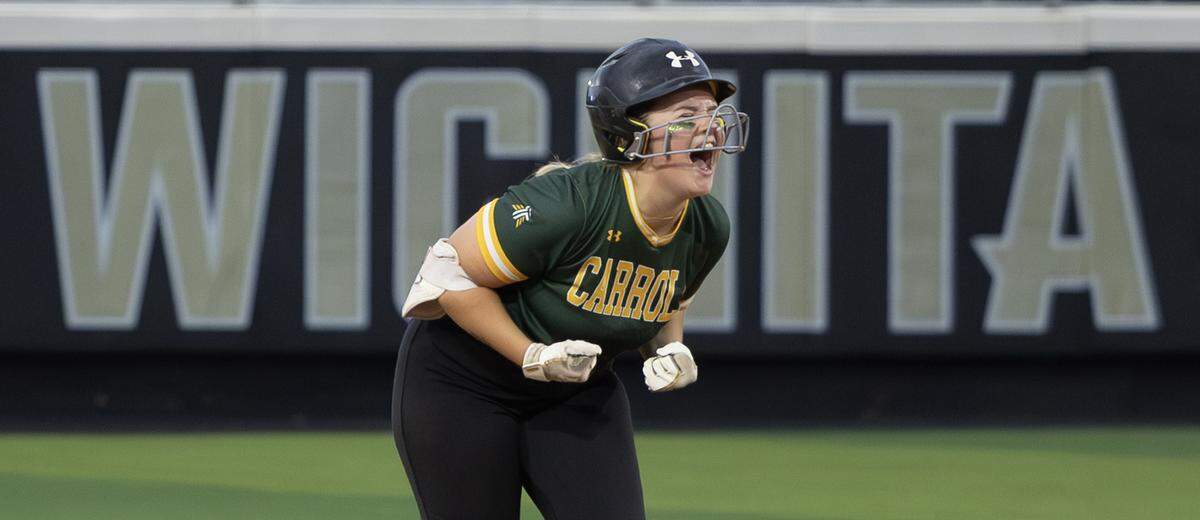 Bishop Carroll senior Emerson May screams in celebration during the Class 5A state softball tournament at Wilkins Stadium, where the Golden Eagles finished off a 28-3 season with a state championship.