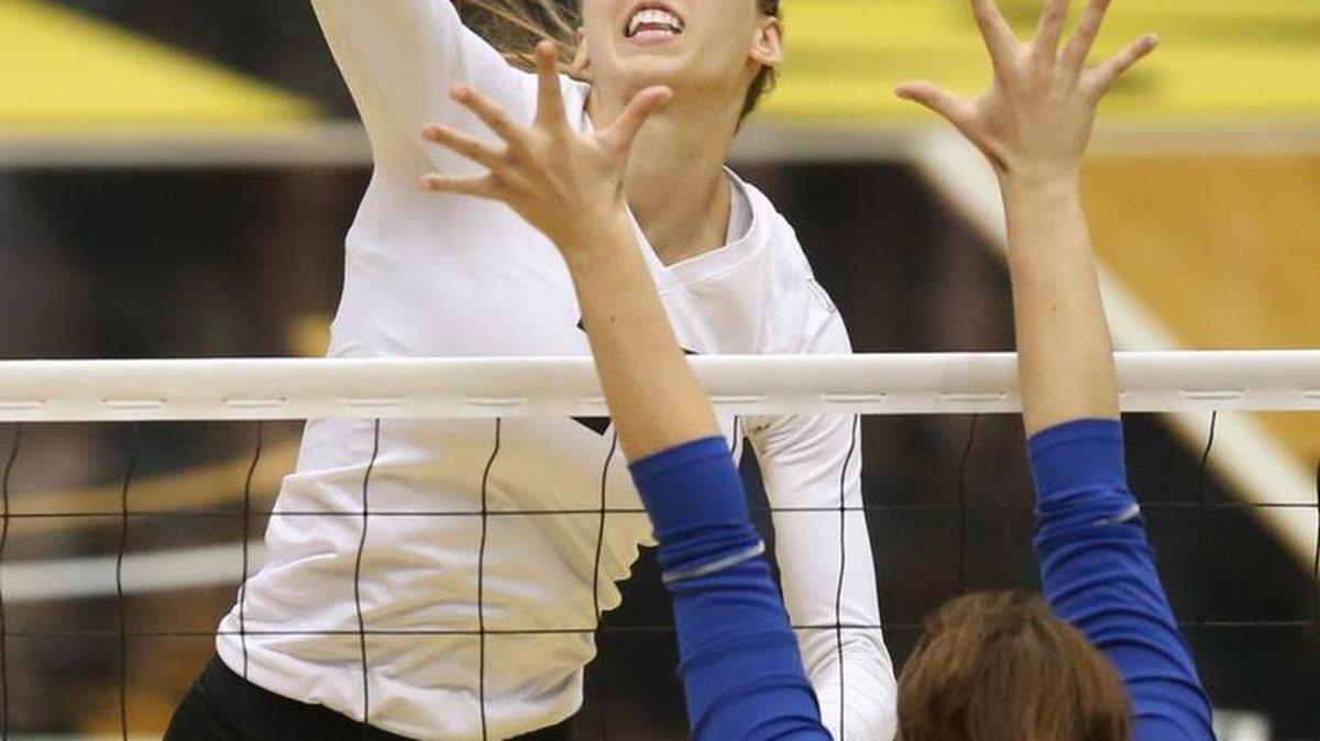Wichita State's Abbie Lehman goes for a kill shot against Indiana State's last season.