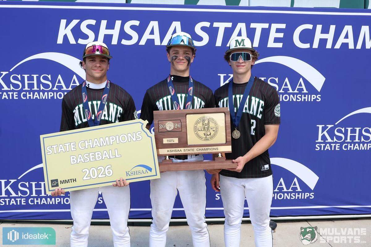 Grady (left), Manny (middle) and Hudson (right) Myers pose with the Class 4A state championship trophy after the three brothers capped their final season playing together with Mulvane’s first state baseball title in 40 years.