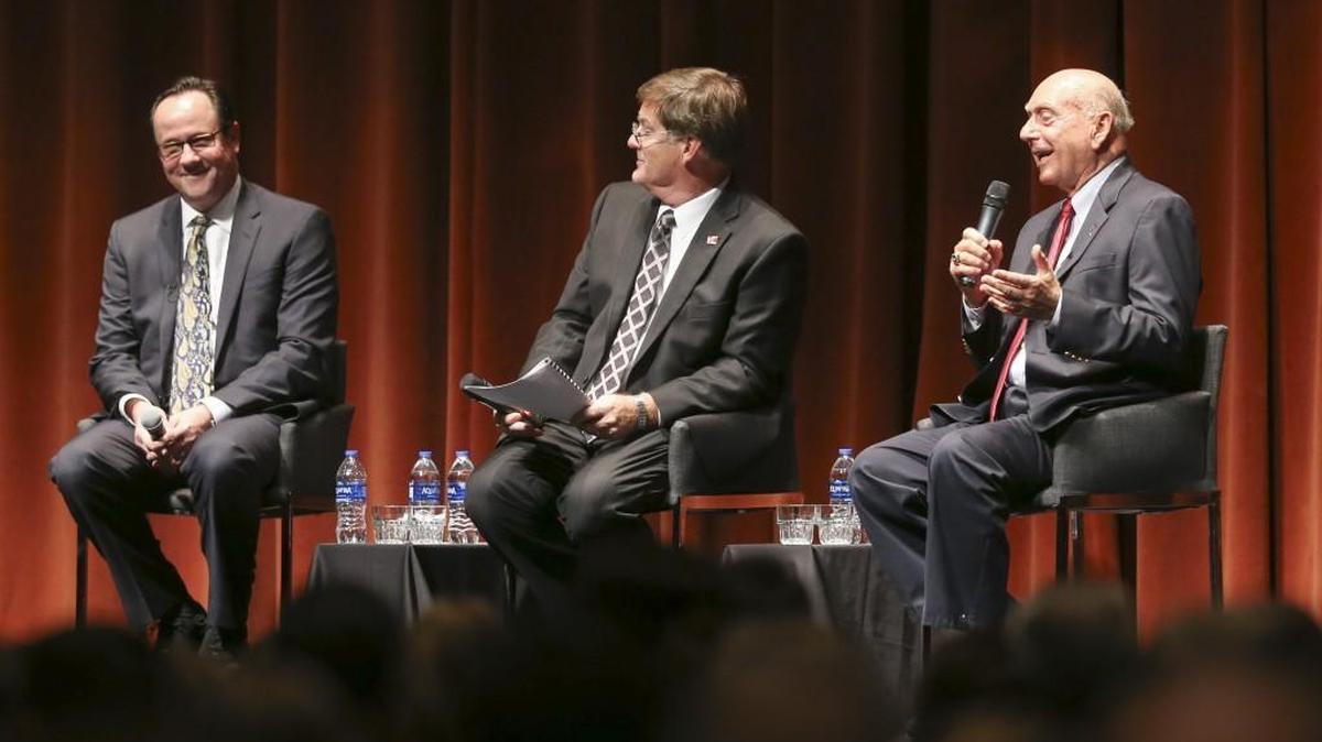 Wichita Chamber of Commerce Chairman Scott Schwindaman, center, moderates a discussion with Wichita State basketball coach Gregg Marshall, left, and sportscaster Dick Vitale, right, during the Chamber’s annual meeting Tuesday at Century II.
