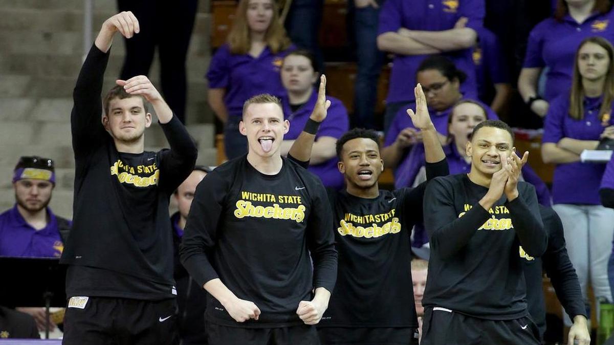 Wichita State’s bench cheers a basket by Rauno Nurger during the first half.
