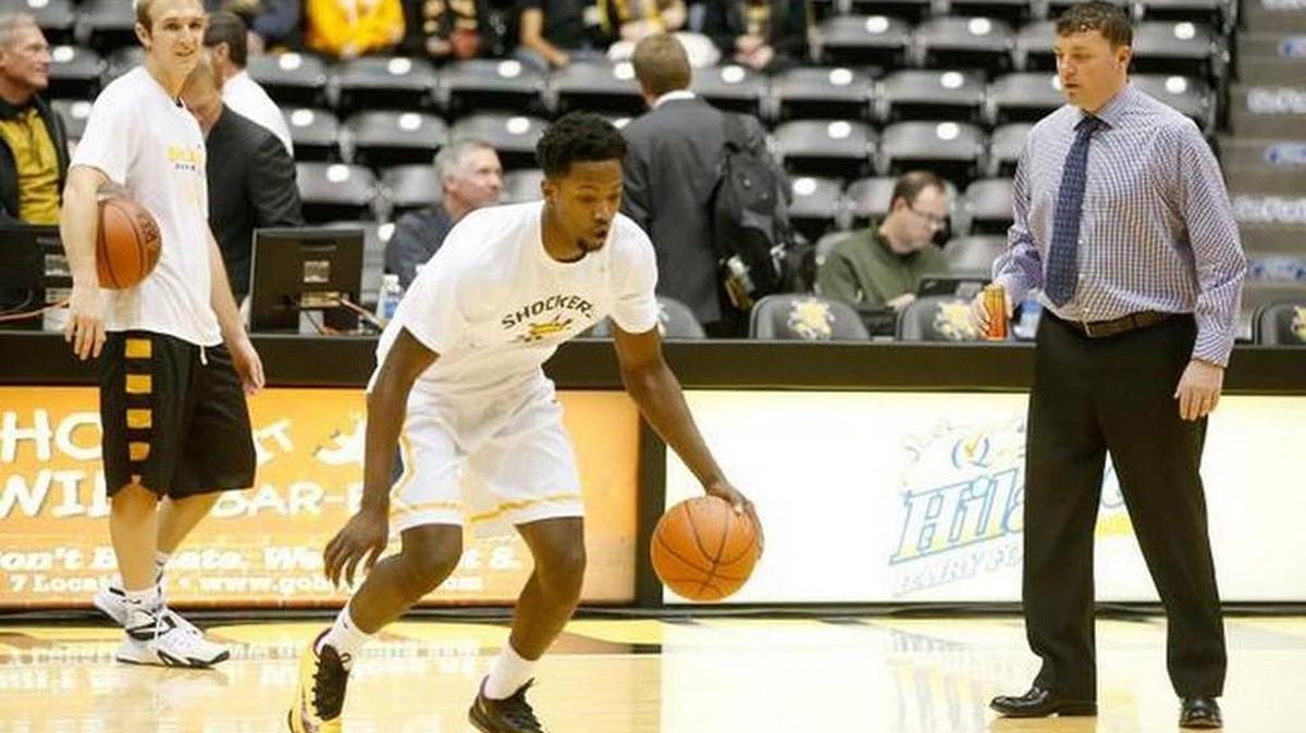 Wichita State assistant Greg Heiar works with Zach Brown, center, and Conner Frankamp, far left.