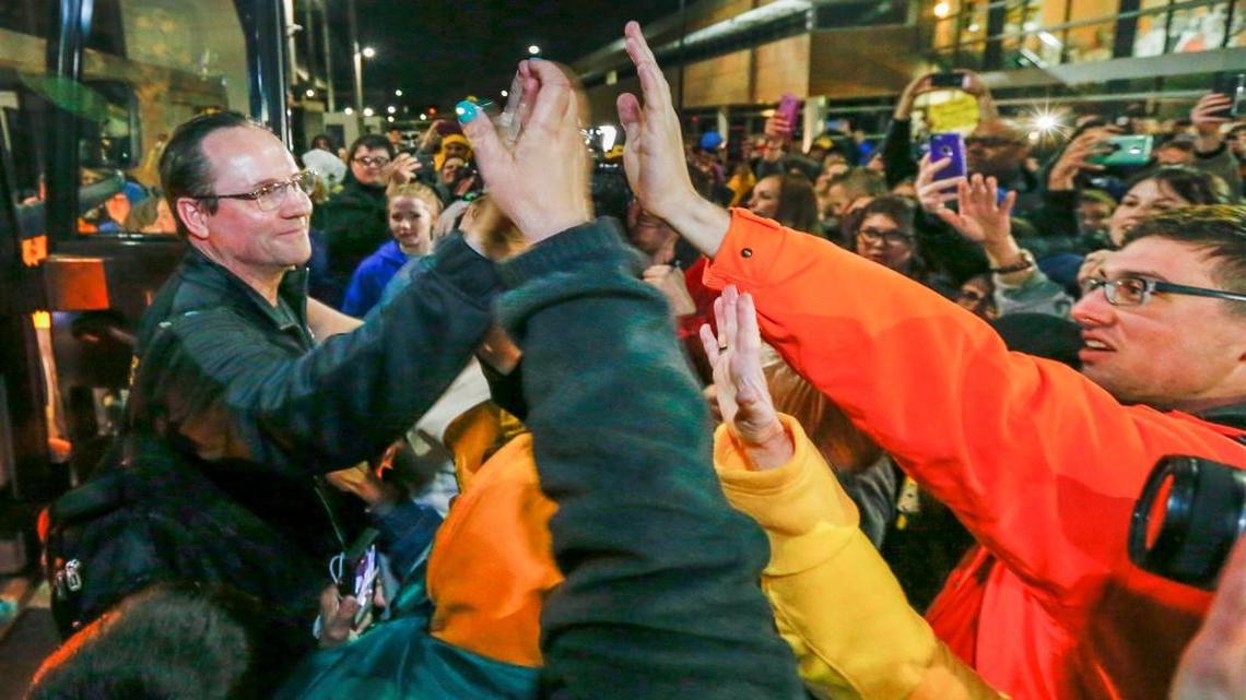 About 300 Shocker fans were on hand at Koch Arena late Saturday to welcome home Gregg Marshall and the Shockers as they returned from Providence, R.I., after being eliminated from the NCAA Tournament.