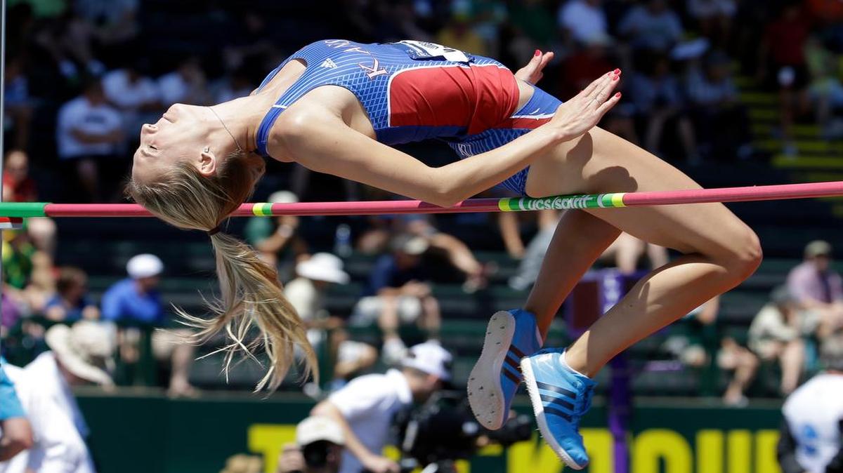 
Kansas’ Lindsey Vollmer clears the bar in the high jump during the heptathlon competition at the NCAA meet Wednesday in Eugene, Ore. 
