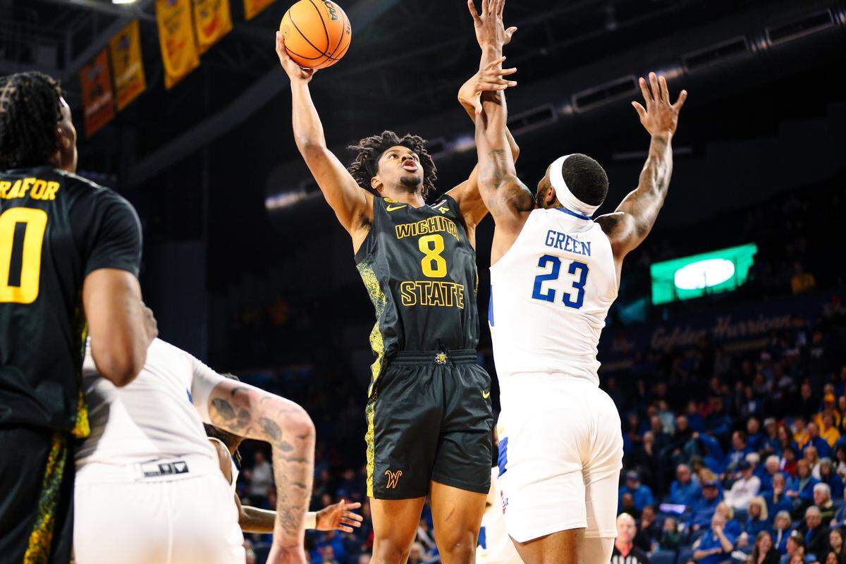 Wichita State’s Dillon Battie looks to score against Tulsa in the first half of a road game on Sunday afternoon.