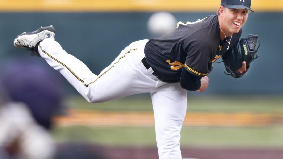 Wichita State’s Connor Lungwitz pitches against Stephen F. Austin in the first inning March 29 at Eck Stadium. He struck out 10 over six innings and didn’t allow a run.