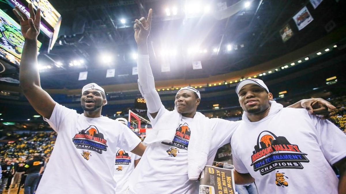Kadeem Coleby, Cleanthony Early and Tekele Cotton celebrate after WSU won the Missouri Valley Conference tournament in 2014.