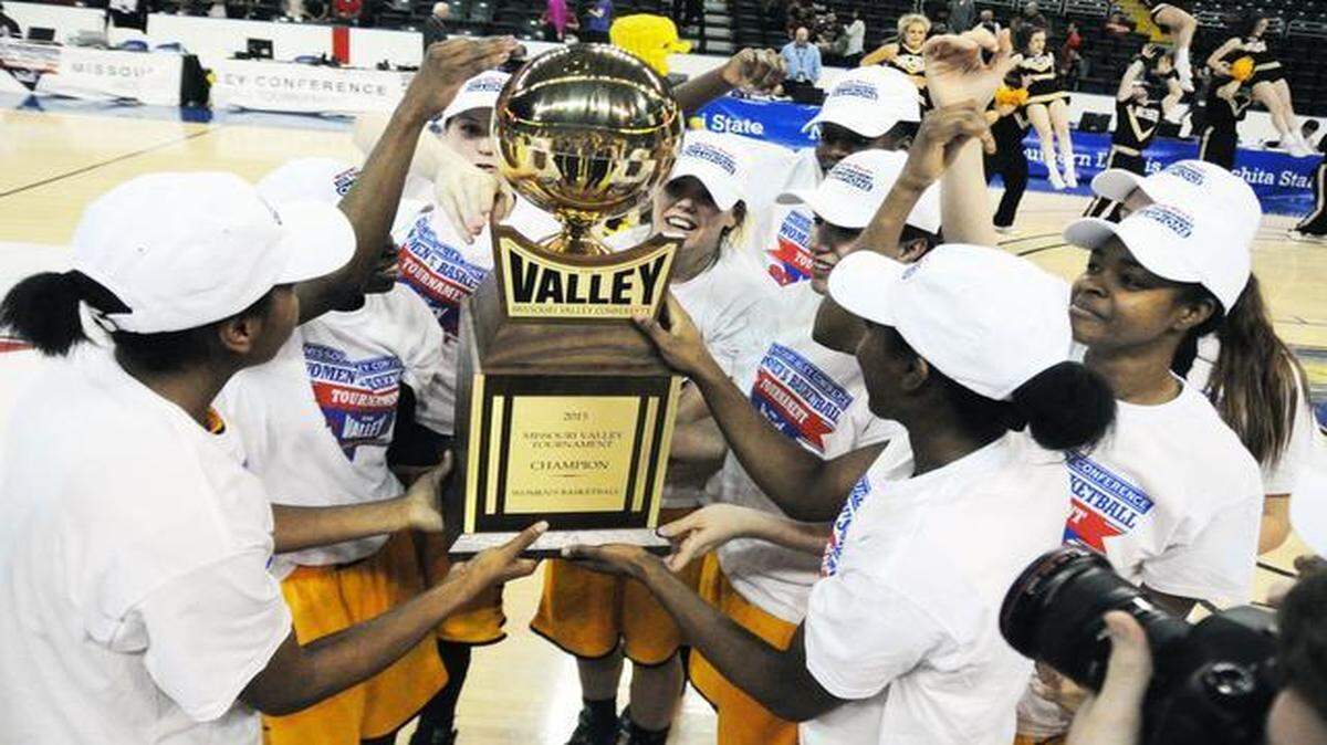 
Wichita State players celebrate after beating Missouri State 85-71 in the women’s MVC Tournament championships game Sunday afternoon at the Family Arena in St. Charles, Mo.
