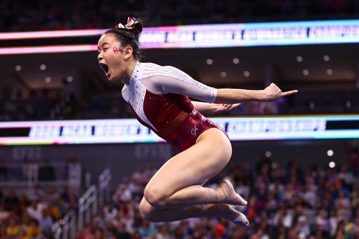 Oklahoma junior Keira Wells reacts after completing her floor exercise during the national championship meet this past weekend in Fort Worth.