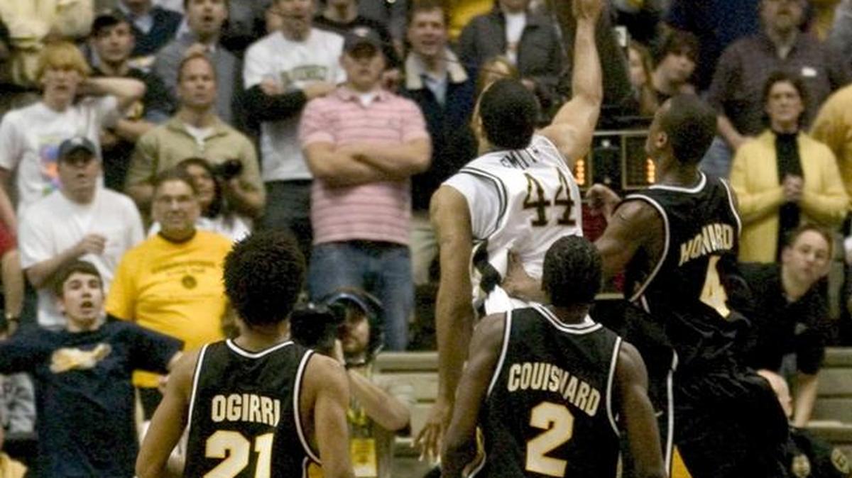 Vanderbilt’s Corey Smith makes a shot with no time on the clock to give Vanderbilt a 65-63 victory over Wichita State in the 2005 NIT. Smith got behind three Shocker defenders to catch the full-court pass and made the layup.