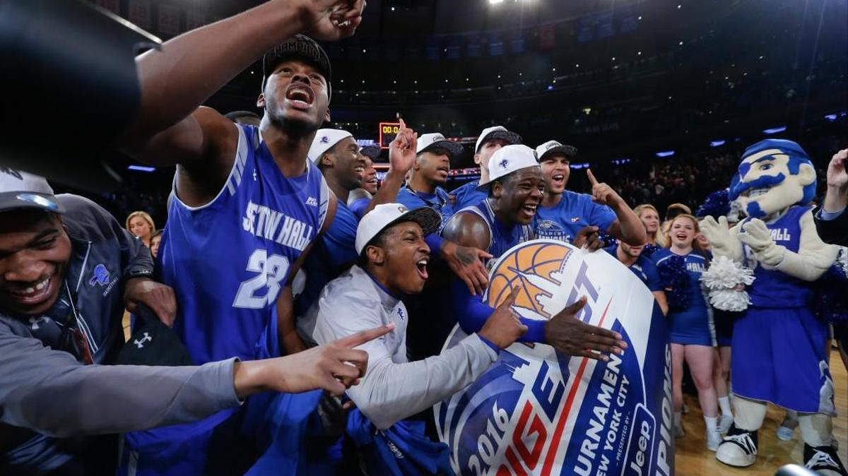 Seton Hall's Myles Carter (23) celebrates with teammates after winning the Big East Tournament in New York on March 12.