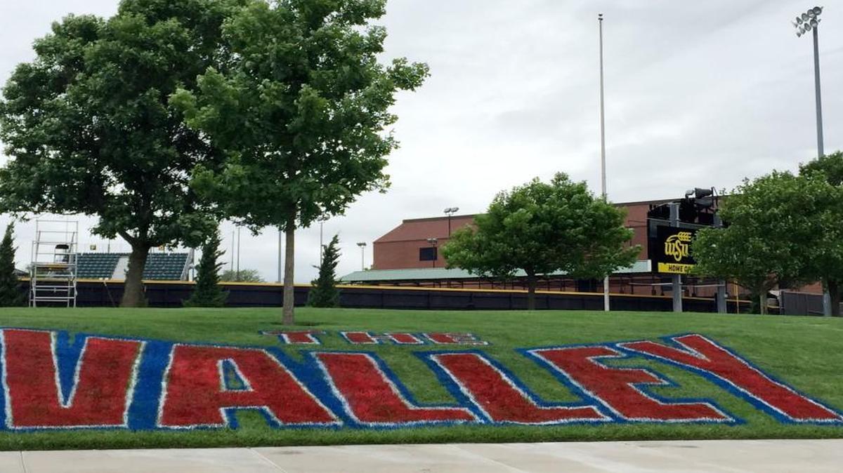 The Missouri Valley Conference logo outside Wilkins Stadium, home of Wichita State softball.