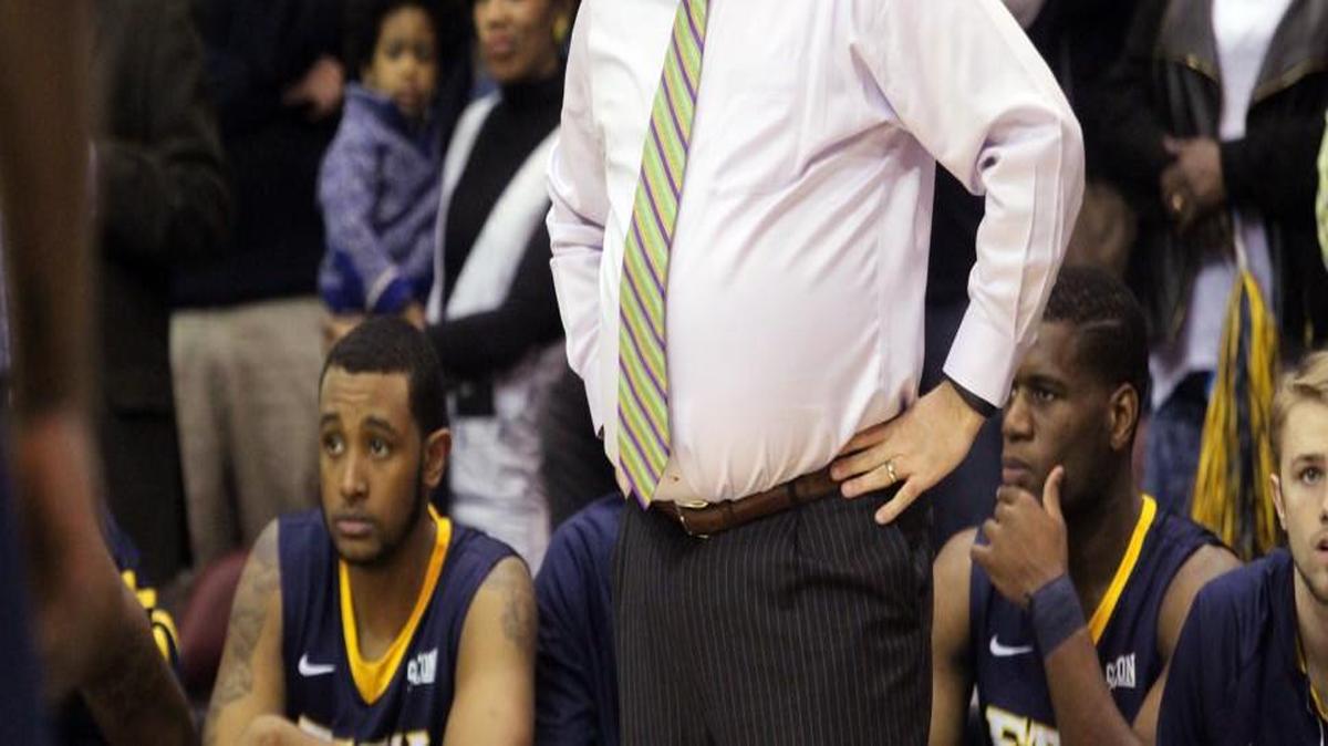 East Tennessee State coach Steve Forbes reacts to a play during the first half of the championship game of the Southern Conference tournament in Asheville, N.C., on May 7.
