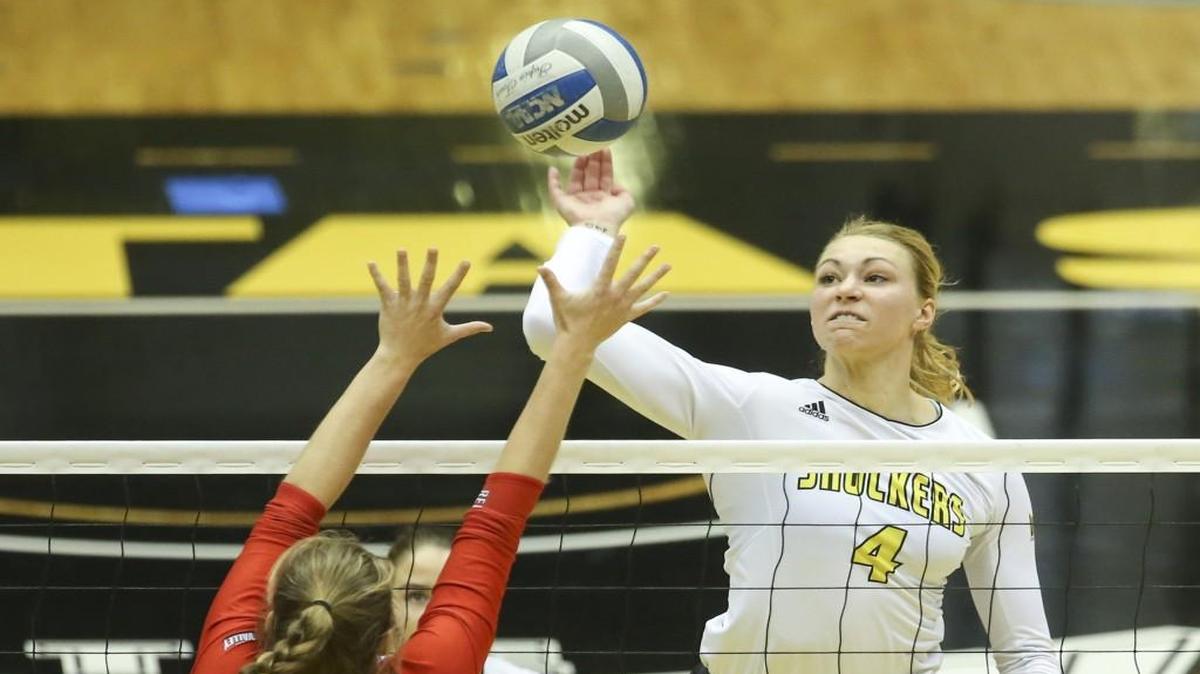 Wichita State's Katy Dudzinski prepares for a kill against Illinois State on Friday night at Koch Arena.