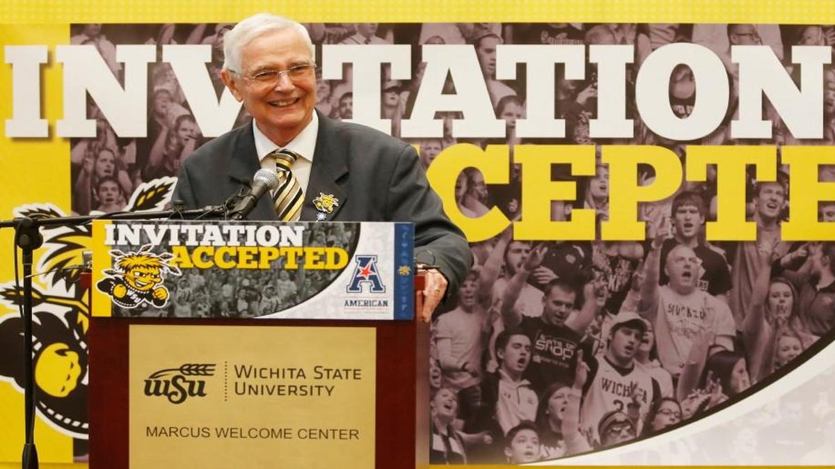 Wichita State president John Bardo during the April 7 announcement that WSU will join the American Athletic Conference this summer. The transition occurs July 1, but the school doesn’t plan events that day to mark the occasion.