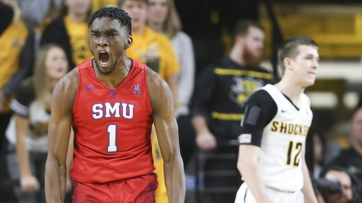Southern Methodist guard Shake Milton celebrates a basket and a foul during the second half of their 83-78 win over Wichita State at Koch Arena on Wednesday night.