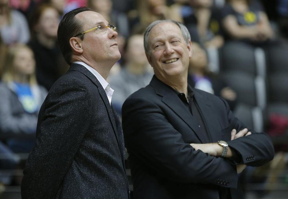 Wichita State coach Gregg Marshall and radio personality Mike Kennedy enjoy the season’s highlights during a public celebration for the team at Koch Arena. (April 15, 2013)