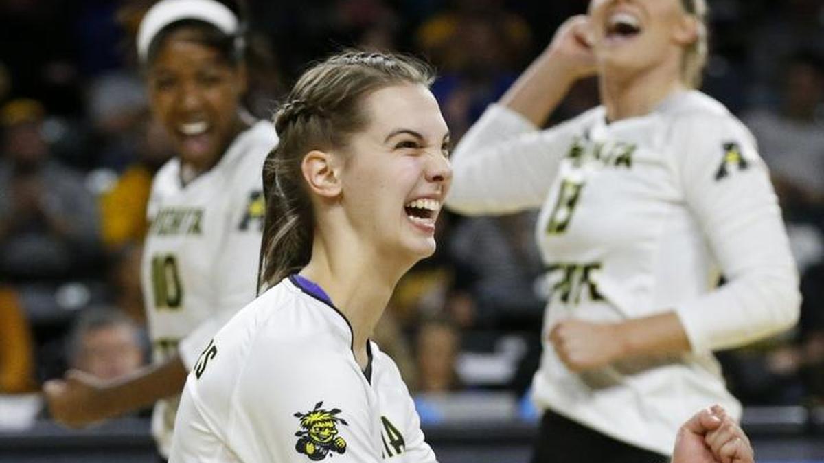 Wichita State's Mikaela Raudsepp celebrates a point against Radford during the first round of the NCAA Tournament at Koch Arena on Friday. WSU swept Redford for the win.