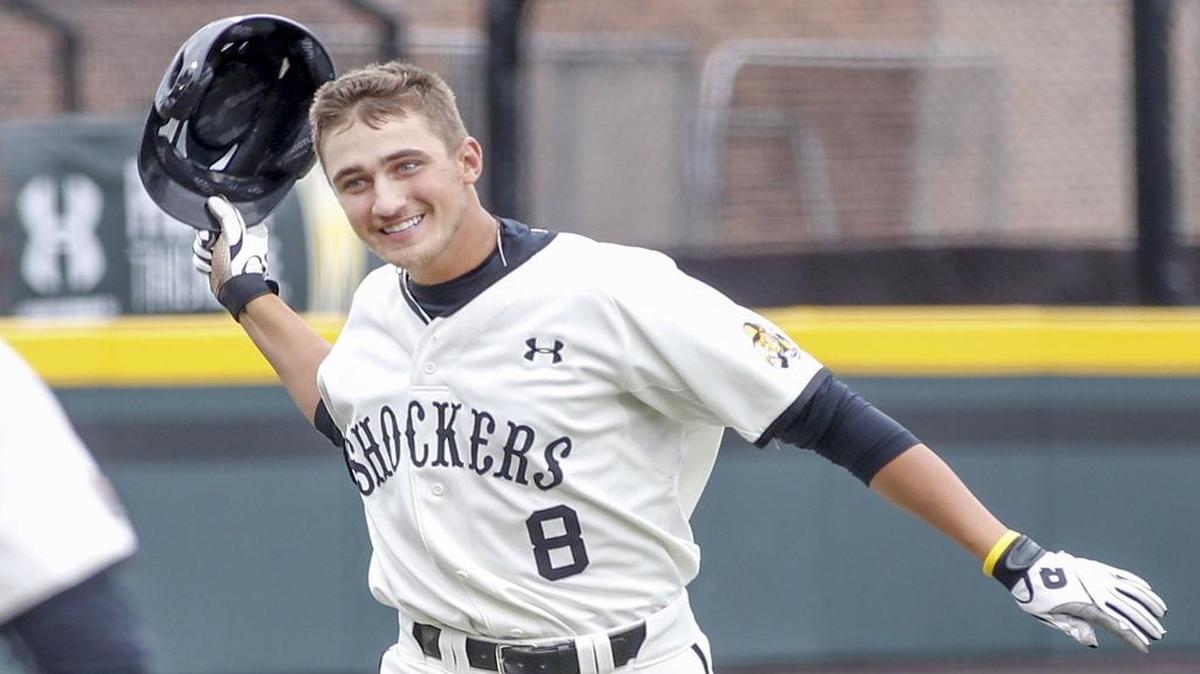 
Wichita State's Mikel Mucha throws his helmut as he heads to home plate after his solo home run with two outs in the bottom of the ninth inning gave the Shockers a 4-3 win over Evansville on Friday at Eck Stadium.
