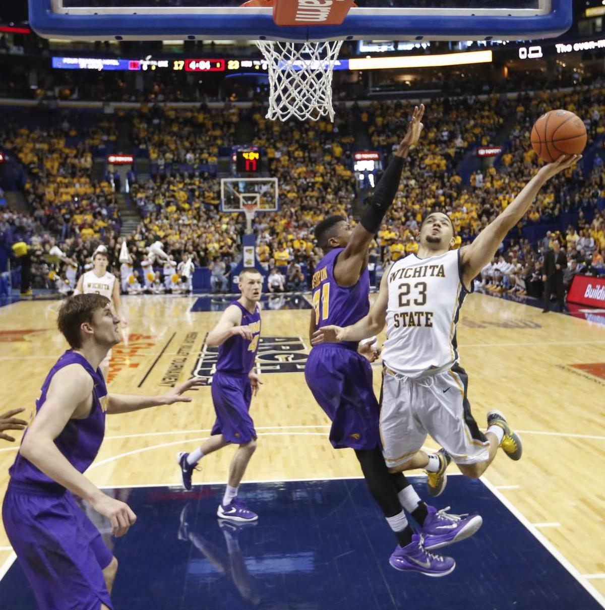 Wichita State guard Fred VanVleet shoots against Northern Iowa guard Wes Washpun during the first half of their game at the Scottrade Center in St. Louis on Saturday.