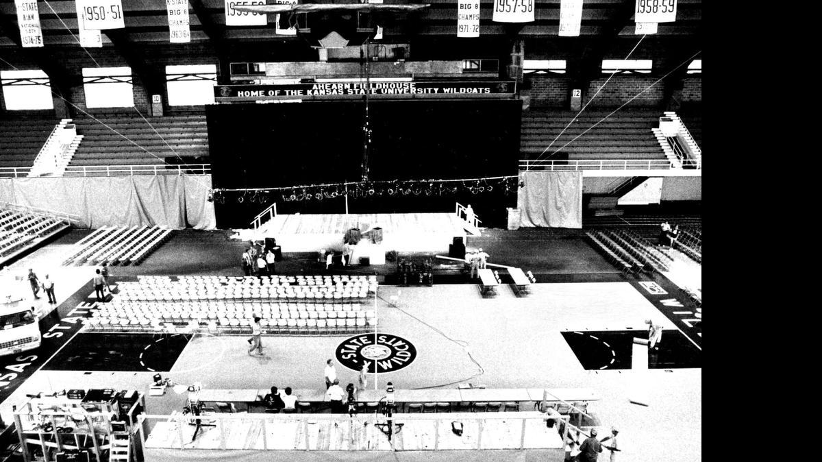 
Workers prepare Kansas State’s Ahearn Field House for a Landon Lecture Series address by President Reagan in September 1982. K-State basketball played in Ahearn before moving to Bramlage Coliseum in 1988.
