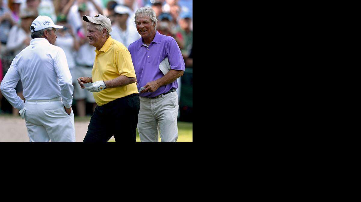 
Gary Player, from left, Jack Nicklaus and Ben Crenshaw smile after completing the Par 3 contest on Wednesday, April 8, 2015, at Augusta National Golf Club in Augusta, Ga. (Jeff Siner/Charlotte Observer/TNS) 
