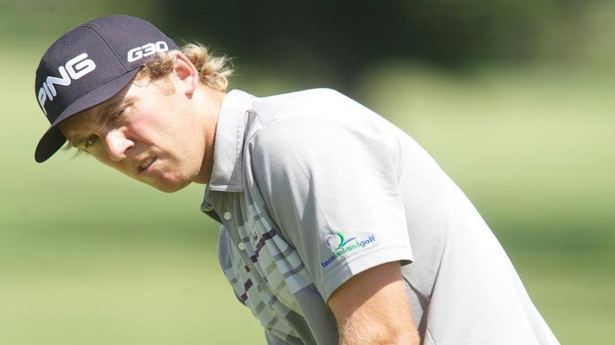 
Seamus Power lines up his putt on No. 8 during the Air Capital Classic Thursday morning. 
