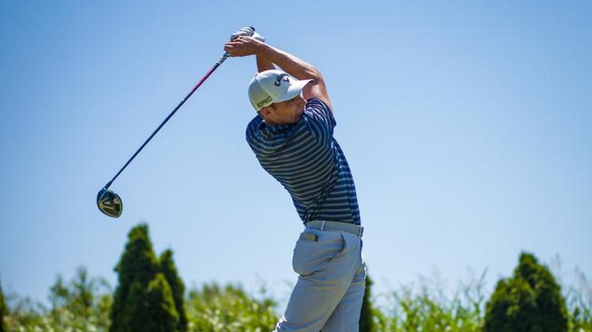 Aaron Wise hits a tee shot off No. 18 during the first round of the Air Capital Classic on Thursday afternoon.