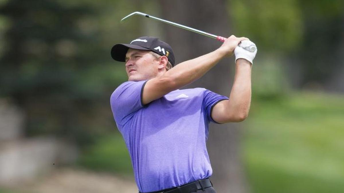 Sebastian Cappelen hits onto the green of No. 18 during the second round of the Air Capital Classic on Friday at Crestview Country Club.