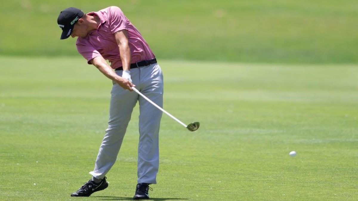 Aaron Wise hits his second shot on No. 2 during the third round of the Air Capital Classic at Crestview Country Club in Wichita, Kansas on Saturday afternoon.