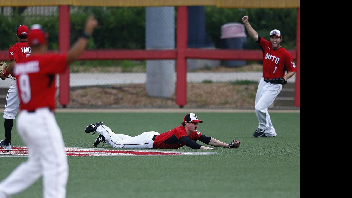 
The Wingnuts signal an out after center fielder Jayce Ray made a diving catch to end game one of double-header against Laredo Tuesday night.
