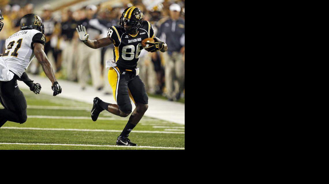 
Southern Mississippi wide receiver Michael Thomas, right, played in Kansas at Dodge City Community College and has caught 21 passes for 294 yards and three touchdowns this season.
