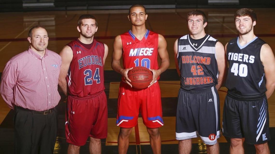 The Eagle’s 56th annual All-State boys basketball team. Left to right, Shawnee Heights coach Steve Wallace, Eudora's Mitchell Ballock, Miege's Jeremiah Robinson-Earl, Holcomb's Conner VanCleave, and Eisenhower's Matt Pile. Not pictured: Blue Valley Northwest’s Darien Jackson.