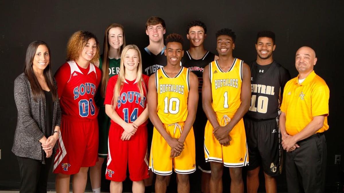 2016 Wichita Eagle All-Metro girls and boys basketball teams. From left; Coach Taylor Dugan, Carroll; Kendrian Elliott, South; Kennedy Brown, Derby; Ericka Mattingly, South; Matt Pile, Eisenhower; Jerrick Harding, Southeast; Davon Gill, Heights; Israel Barnes, Southeast; Darraja Parnell, Andover Central; Coach Melvin Herring, Southeast. Not pictured, Madi Schmelzer, Garden Plain; Cami Richardson, Hesston.