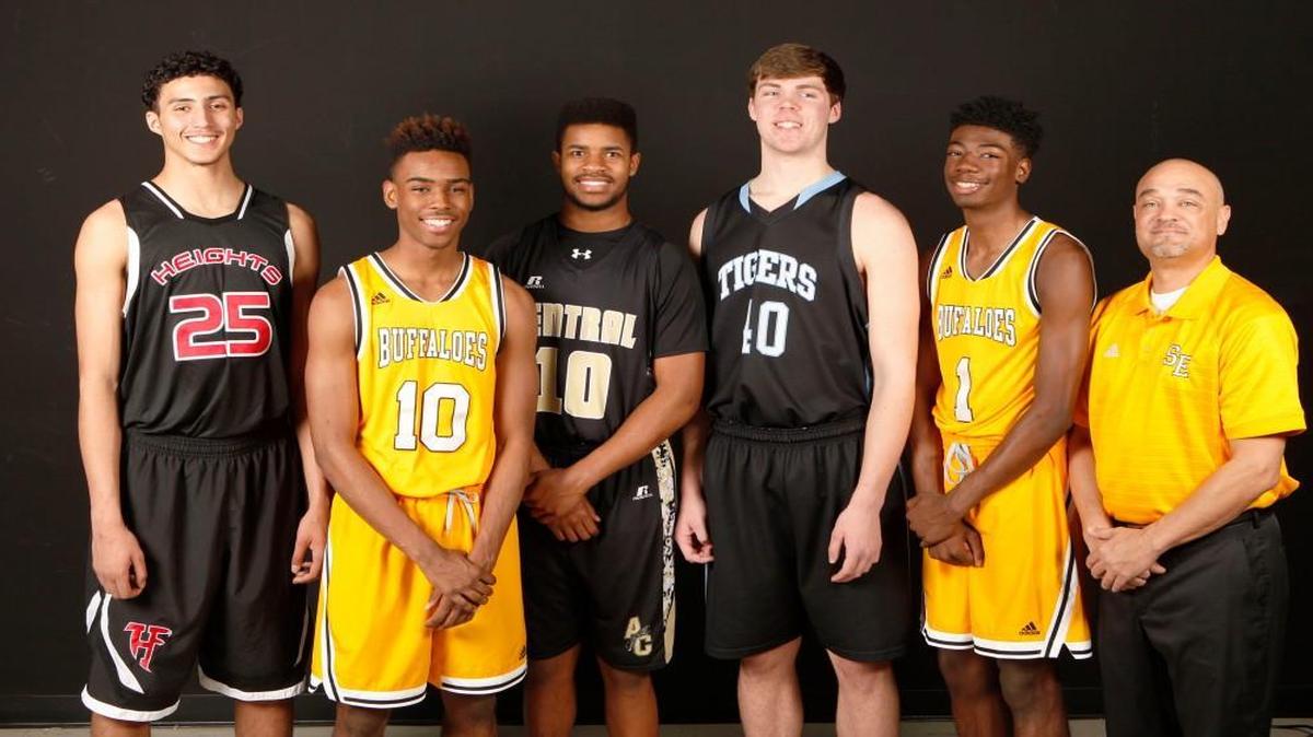 2016 Wichita Eagle All-Metro boys basketball team. From left; Davon Gill, Heights; Jerrick Harding, Southeast; Darraja Parnell, Andover Central; Matt Pile, Eisenhower; Israel Barnes, Southeast; Coach Melvin Herring, Southeast.