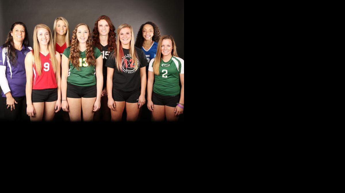 
All-Metro volleyball team: Douglass coach Leanna Braddy, Maize's Tyler Downs, Maize's Keiryn Swenson, Carroll's Taylor Bevis, Andale's Rachel Friedrichs, Rose Hill's Kynnedy Myers, Andover's Jaylyn Agnew and Derby's Kenzie Young. (November 11, 2014)
