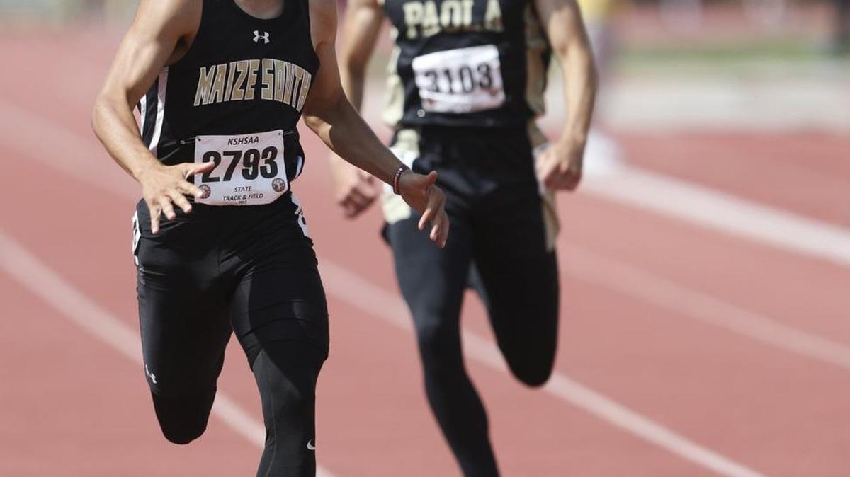 Maize South's Corey Minks wins the 400 meters in Class 4A on Saturday.