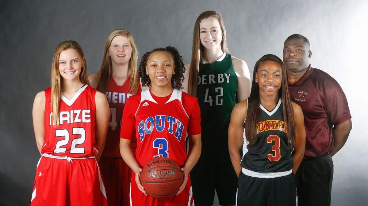 The All-Metro girls basketball team. Left to right, Maize’s Taylor Holmes, Cheney’s Haley Albers, South’s Tre’Zure Jobe, Derby’s Kennedy Brown, West’s Brianna Johnson and West coach Brian Johnson.