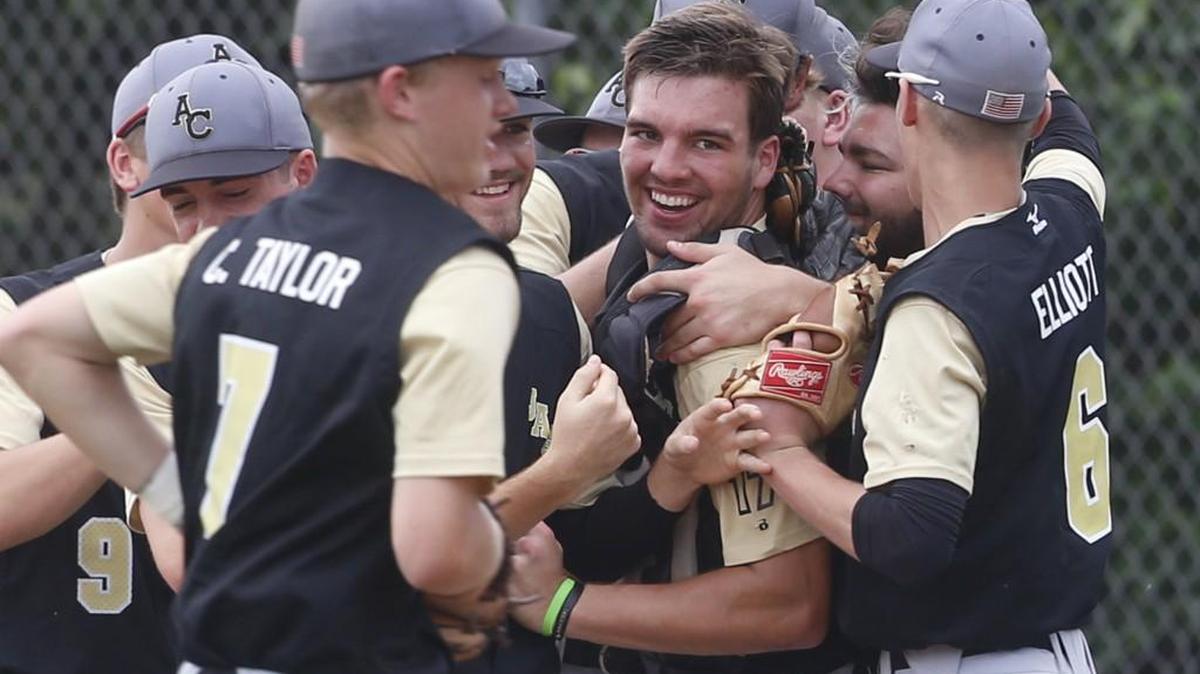 Andover Central players celebrate around catcher Clark Schooner after defeating Eudora 4-2 Thursday afternoon in the Class 4A-I baseball quarterfinals in Salina.